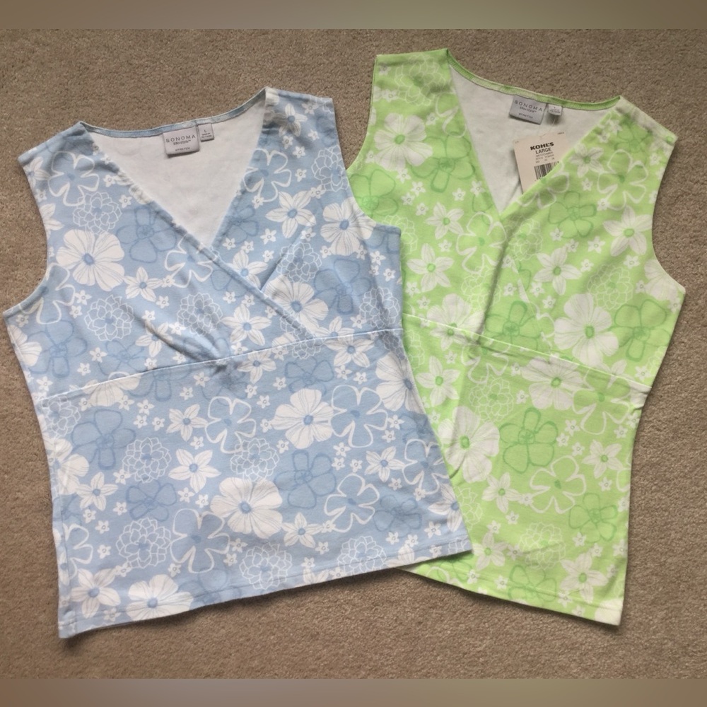 Sonoma Floral V-Neck Stretch Ruched Tank Tops - Blue and Green